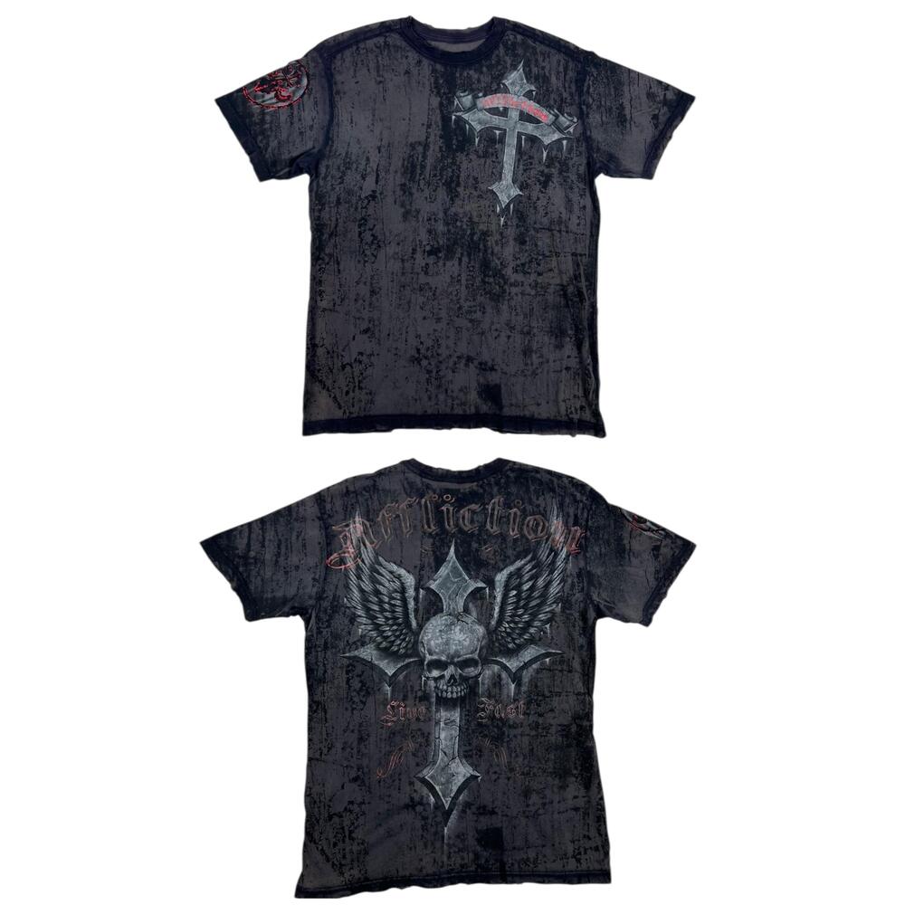 Vintage Affliction T-Shirt Mens Large Black Skull Wings Cross Live Fast Goth Y2K